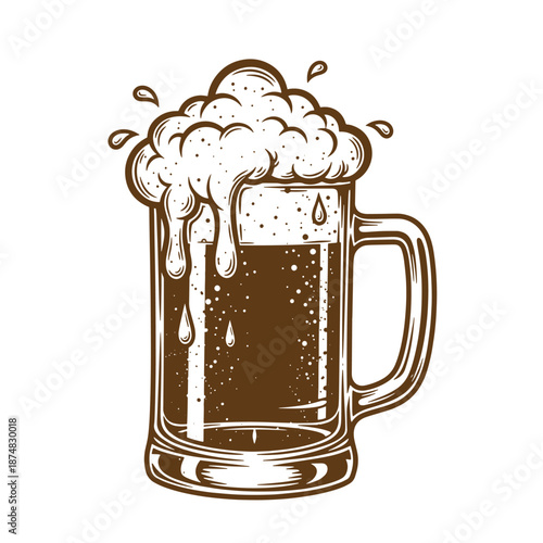 Drawing Vintage Brown beer mug with foam on top and handle on side on white background