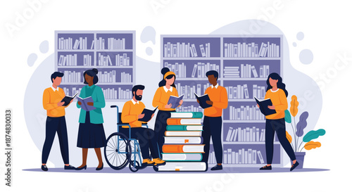 Diverse group of college students including a man in a wheelchair reading books and studying together in a library with large bookshelves.