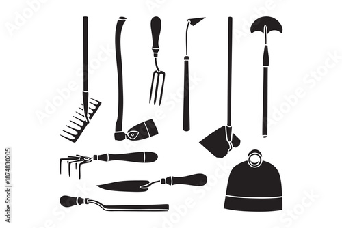 Hand gardening equipment and yard tool silhouette icon set with pitchfork, hacksaw, rake, hoe, shovel, digging. Garden and horticulture tools solid element symbol collection. Vector illustration
