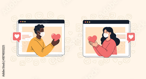 Diverse man and woman wearing medical masks during a video call while holding digital hearts to show love.