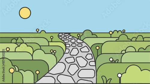 Illustration of a winding stone path in a lush countryside with green foliage and yellow flowers under a blue sky