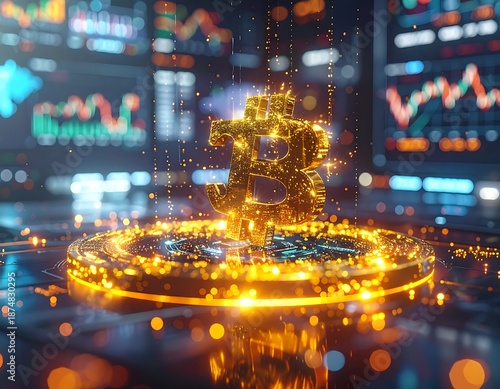 Golden Robot on Circuit Board with Stock Market Data.
