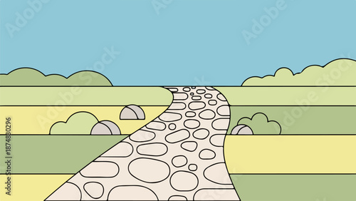 Pastoral landscape illustration with a winding cobblestone path, grassy patches, and a clear blue sky