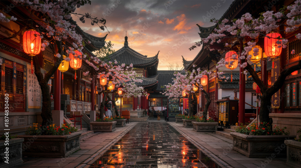 Fototapeta premium Enchanting traditional Asian street with glowing red lanterns and delicate pink cherry blossoms reflecting on wet cobblestones at twilight