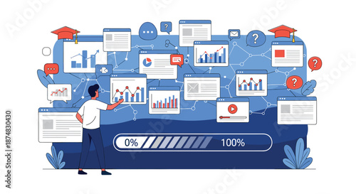 Young man managing digital data windows and financial charts on a large screen with a progress loading bar.