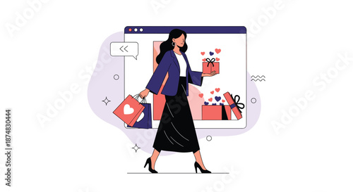 Fashionable woman walking out of a web browser window holding several shopping bags and gift boxes for delivery.