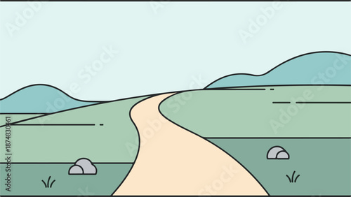 Winding sandy path through lush green landscape with rolling hills and clear blue sky