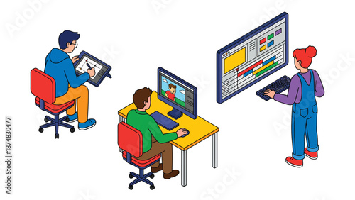Creative Team in Digital Media Production: Graphic Design, Video Editing, and Animation Workflow Isometric Illustration