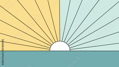 Abstract sunrise or sunset with teal horizon, yellow pink gradient sun, and light blue sky