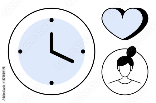 Time management, self-care, wellness, personal identity, productivity, lifestyle balance. Minimalist clock, heart and female profile icons. Time management and self-care