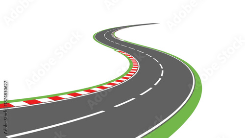 Winding race track with red and white curbs, graphic design