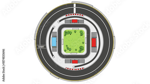 Top-down view of a cartoon racing circuit with a green field