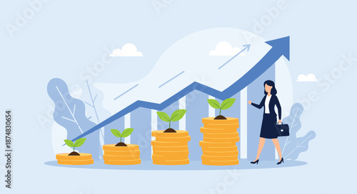 Successful businesswoman walking next to rising stacks of gold coins with growing plants to symbolize investment.