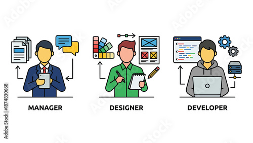 Manager, Designer, Developer Professional Roles Vector Icons. Business, Creative & Tech Team Concepts