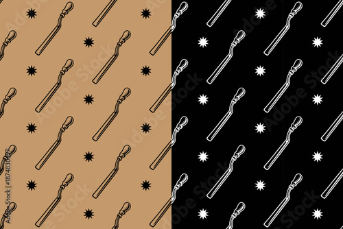 Hand cultivator with star retro illustration seamless pattern on tan black background set for garden and landscape. Soil cultivator with light vintage hand drawn pattern motif wallpaper