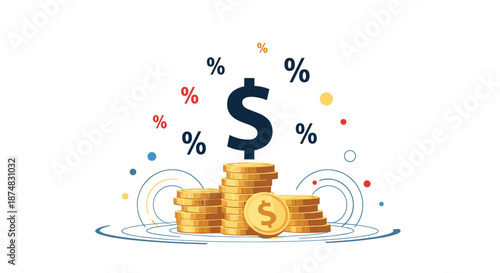 Large stack of gold coins with a big dollar sign and percentage symbols floating around to represent investment.