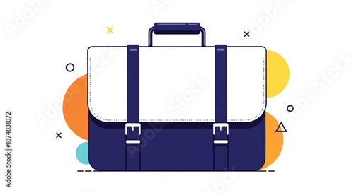 Stylish illustration of a professional briefcase against a background of colorful abstract geometric shapes.