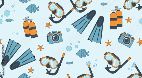 Seamless pattern of professional scuba diving equipment including masks, fins, oxygen tanks, starfish, and small fish.