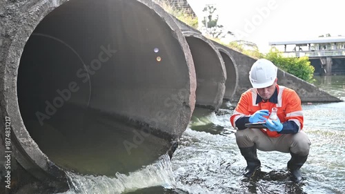 A specialist engineer is meticulously inspecting the quality of the treated water from the treatment plant where he works.