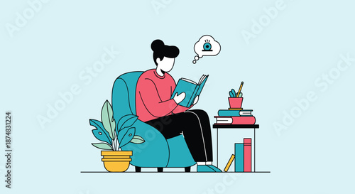 Woman sitting in a blue armchair and reading a book while thinking about a hot cup of coffee in a bubble.