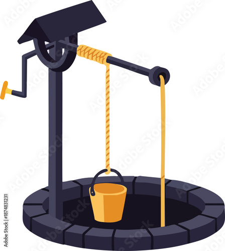 Old stone water well with bucket and rope