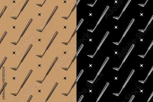 Shovel gardening tool with light retro illustration seamless pattern on tan black background set for farm and harvest. Weeding tool or hand hoe with star vintage hand drawn pattern motif wallpaper