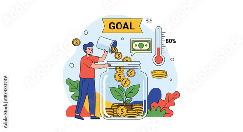 Young man putting gold coins into a glass jar with a growing plant to reach a specific financial savings goal.