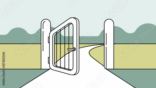 White gate with pillars in a serene landscape with rolling green hills