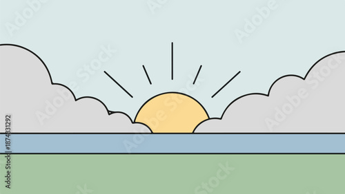 Sunrise or sunset over a layered landscape with grassy field, deep blue water, and pink sky with wispy clouds