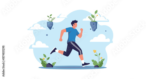 Active man running through a surreal park landscape featuring floating islands, clouds, and various colorful plants.