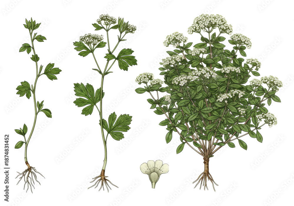 Obraz premium collection of detailed botanical illustrations showing a plant's full life cycle (seedling to seed head), precise ink linework, muted watercolor washes, white background. concept of scientific