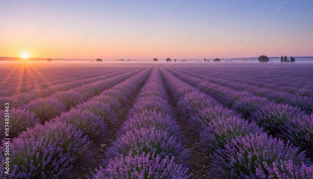 Obraz premium Beautiful purple lavender flowers bloom in a rural Provence farm landscape under a glowing sunset sky in the French countryside