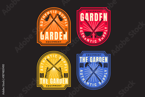 Gardening and farming tools retro badge logo design set with pitchfork, hoe, hacksaw, mattock, hack, rake. Farm, agricultural and yard equipment sticker patch design pack. Vector illustration