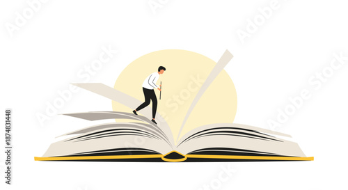 Man walking carefully on the pages of a giant open book with a glowing sun in the background to represent learning.