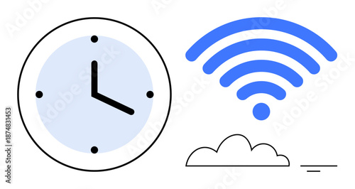 Time management. Clock and wireless icon time tracking and cloud connectivity. Time management enhances efficiency by integrating digital tools. For productivity, scheduling, remote work, IoT