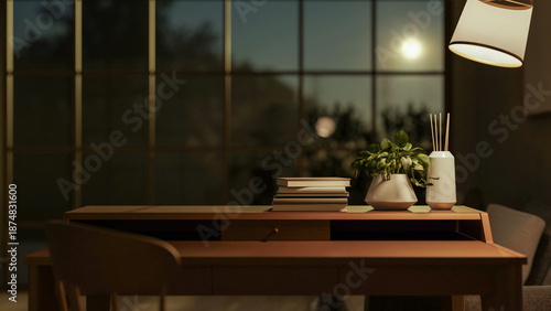 Slika na platnu Books and pot plant with diffuser on wooden table under lamp in dim room and sky through glass wall