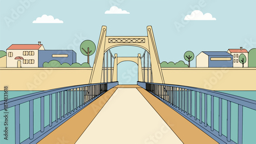 Hand-drawn illustration of a charming bridge over calm water with a small-town backdrop