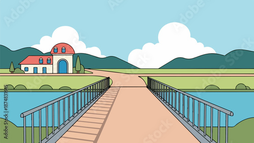 Rustic wooden bridge leading to a two-story house with a red dome and blue door in a serene landscape