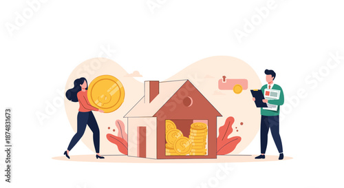 Woman carrying a large gold coin towards a small house full of money while a man with a clipboard watches her.
