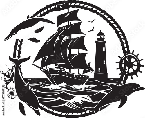 Naval Silhouette: A nautical illustration showcasing a majestic sailing ship, playful dolphins, a steadfast lighthouse, and maritime elements, set against a dynamic wave-filled sea. 
