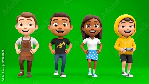 Diverse cartoon children dancing and playing on green screen