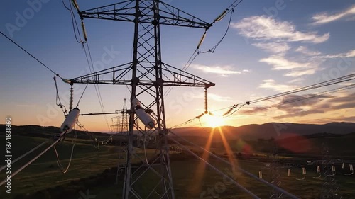 Power transmission tower with insulators at golden hour, sun flare over green hills