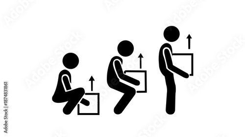 Collection of stick figure animations demonstrating correct and incorrect box lifting techniques, safety guidance, ergonomics, or physical labor prevention