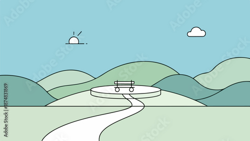 Illustration of a winding path through rolling hills with a bench on a hilltop