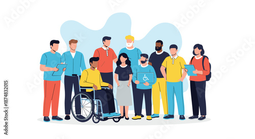 Large group of diverse people from various backgrounds standing together to promote inclusivity and social representation in a modern community setting.