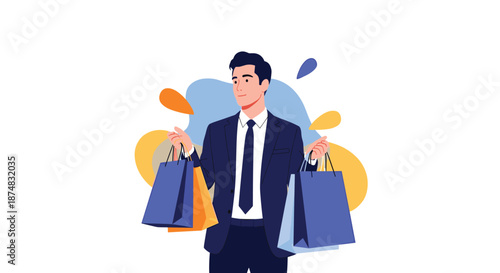 Successful businessman wearing a dark suit and tie holding several blue and orange shopping bags while smiling in a retail consumerism concept.