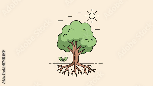 Minimalist illustration of a solitary tree with a radiant sun in the background
