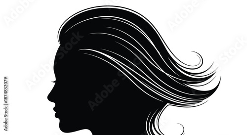 Elegant black silhouette of a woman profile with flowing wavy hair representing beauty and hair care concepts against a plain white background.