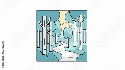 Illustration of a tranquil forest scene with a winding path and distant sun