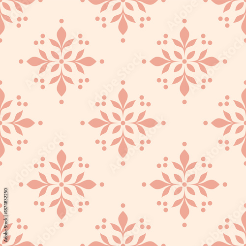 Elegant pink floral seamless pattern with damask style leaf ornaments and dots on a light beige background, perfect for textiles and wallpaper.